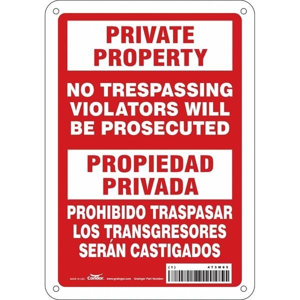 Safety Sign, 10 in H, 7 in W, Polyethylene, Horizontal Rectangle, English, Spanish, 473M85, CONDOR, Mfr# 473M85