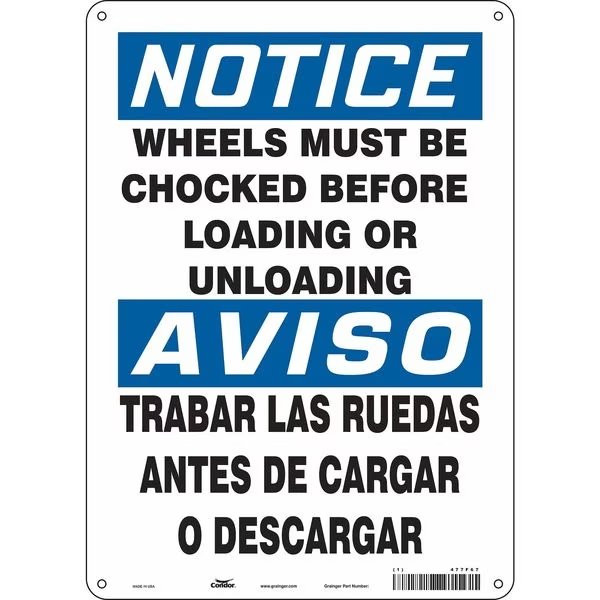 Safety Sign, 14 in Height, 10 in Width, Aluminum, Vertical Rectangle, English, Spanish, 477F67, CONDOR, Mfr# 477F67