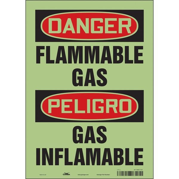 Safety Sign, 14 in H, 10 in W, Glow Vinyl, Vertical Rectangle, English, Spanish, 478G18, CONDOR, Mfr# 478G18