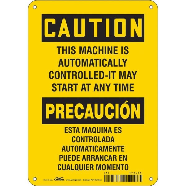 Safety Sign, 10 in Height, 7 in Width, Polyethylene, Horizontal Rectangle, English, Spanish, CONDOR, Mfr# 478L26