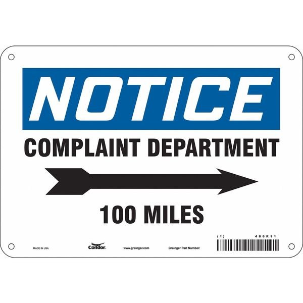 Safety Sign, 7 in Height, 10 in Width, Polyethylene, Vertical Rectangle, English, 486R11, CONDOR, Mfr# 486R11