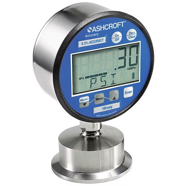 Digital Pressure Gauge, 0 to 1 psi, 1 1/2 in Triclamp, Silver, Ashcroft, Mfr#: 302132SD20LXBKBLCYC4LM1BR