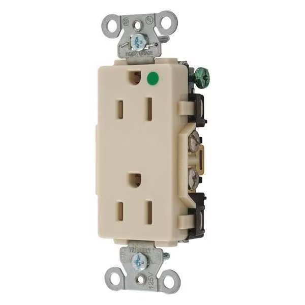 Receptacle, 15 A Amps, 125V AC, Flush Mount, Standard Duplex Outlet, 5-15R, Ivory, HUBBELL, Mfr# 2172IV