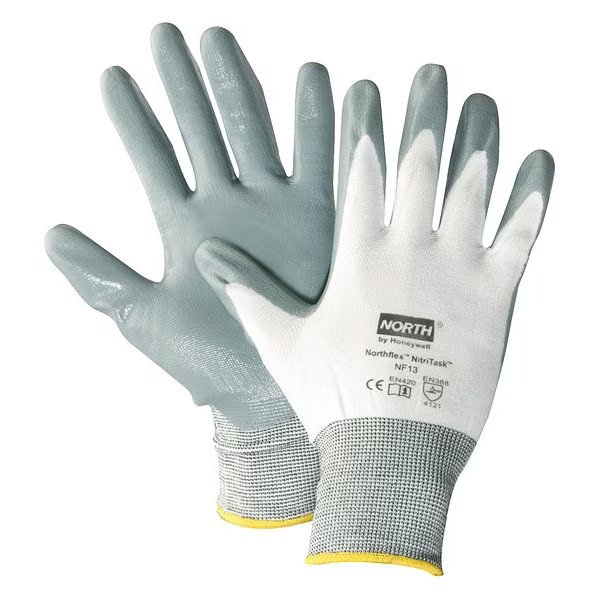 Nitrile Coated Gloves, Palm Coverage, White/Gray, 8, PR, HONEYWELL NORTH, Mfr# NF13/8M-H5
