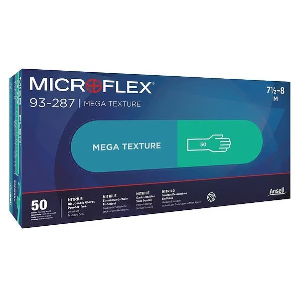 Disposable Gloves with Raised Grip, Nitrile, Powder Free, Green, 50 PK, ANSELL, Mfr# 93-287