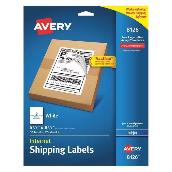 Avery® Internet Shipping Labels with TrueBlock® Technology for Inkjet Printers 8126, 5-1/2