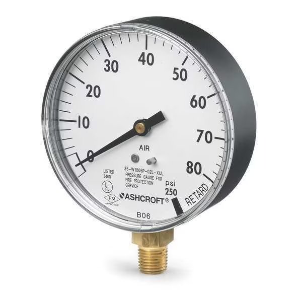 Pressure Gauge, 0 to 80 psi, 1/4 in MNPT, Plastic, Black, Ashcroft, Mfr#: 35 1005P XUL 02L 80#