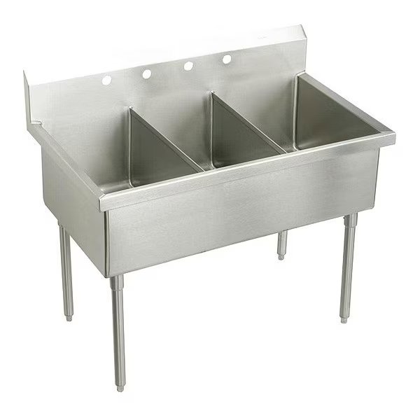 Strdblt, SS, Floor Mnt, 3 Compt Scllry Sink, Floor Mount, 4 Hole, Buffed Satin Finish, ELKAY, Mfr# SS83724