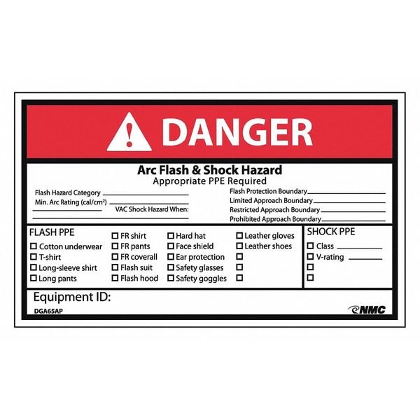 Danger Arc Flash And Shock Hazard Label, Pk5, DGA65AP, NMC, Mfr# DGA65AP