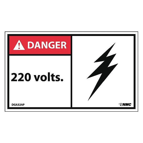 Danger 220 Volts Label, Pk5, DGA32AP, NMC, Mfr# DGA32AP