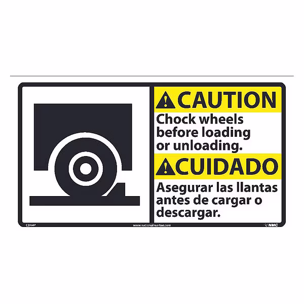 Caution Chock Wheels Sign - Bilingual, CBA4P, Nmc, Mfr#: CBA4P