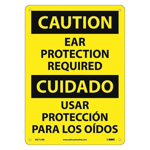 Caution Ear Protection Required Sign, Bil, 14 in Height, 10 in Width, Rigid Plastic, NMC, Mfr# ESC712RB