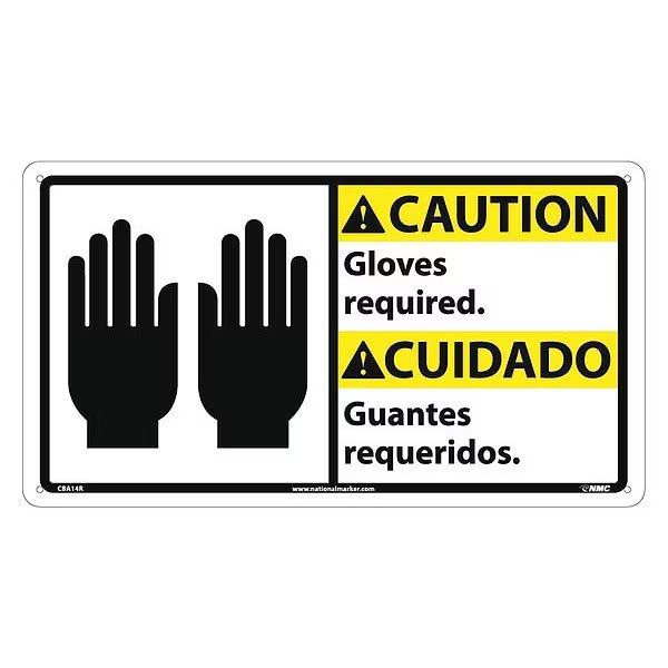 Caution Gloves Required Sign - Bilingual, NMC, Mfr# CBA14R