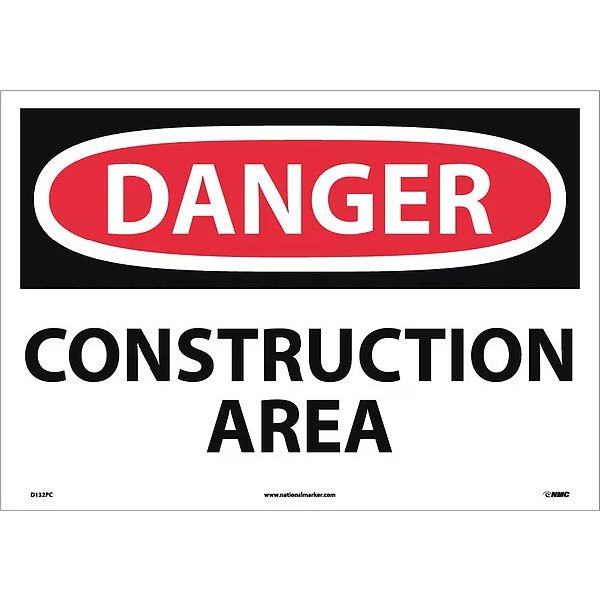 Sign, Lrg Form Dangr Construction Area, 14 in Height, 20 in Width, Pressure Sensitive Vinyl, NMC, Mfr# D132PC