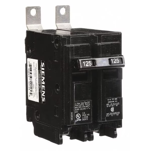 Miniature Circuit Breaker, 125 A, 120/240V AC, 2 Pole, Bolt On Mounting Style, BL Series, SIEMENS, Mfr# B2125H