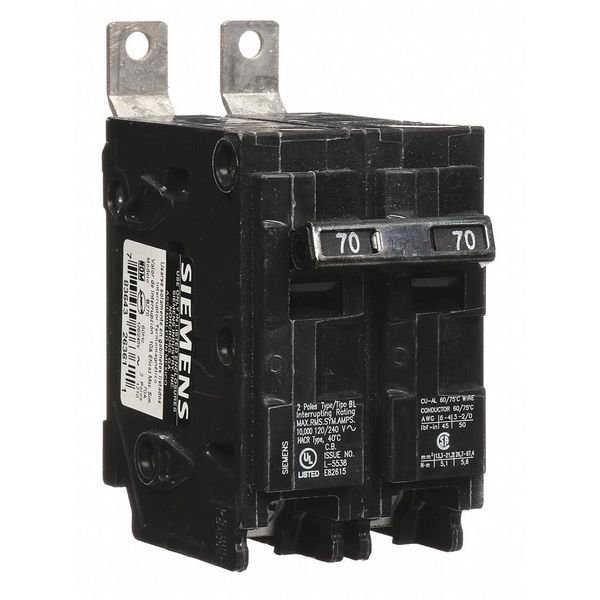 Miniature Circuit Breaker, 70 A, 120/240V AC, 2 Pole, Bolt On Mounting Style, BL Series, SIEMENS, Mfr# B270