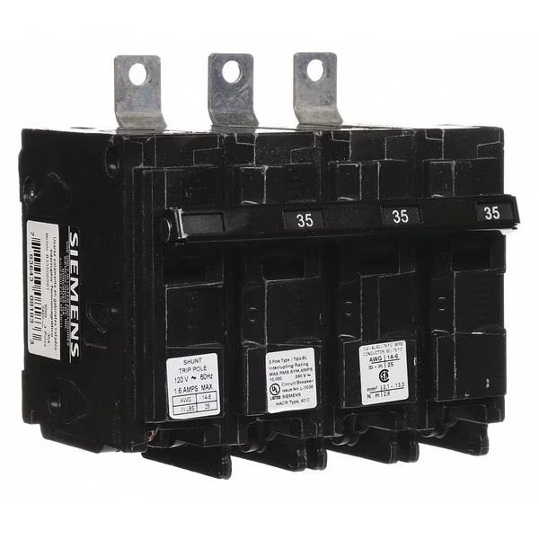 Miniature Circuit Breaker, BL Series, 35A, 3 Pole, 120/240V AC, 10kA at 240V AC, Siemens, Mfr#: B33500S01