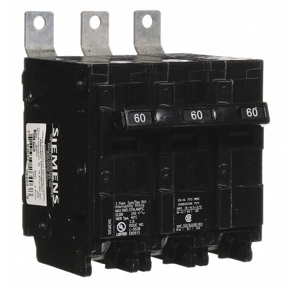Miniature Circuit Breaker, 60 A, 240V AC, 3 Pole, Bolt On Mounting Style, BL Series, SIEMENS, Mfr# B360H