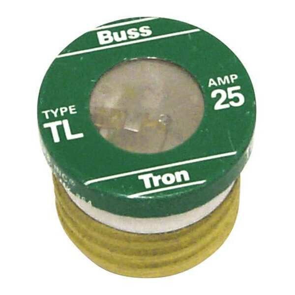 Plug Fuse, TL Series, Time-Delay, 25A, 125V AC, Indicating, 10kA at 125V AC, 4 PK, Eaton Bussmann, Mfr#: TL-25
