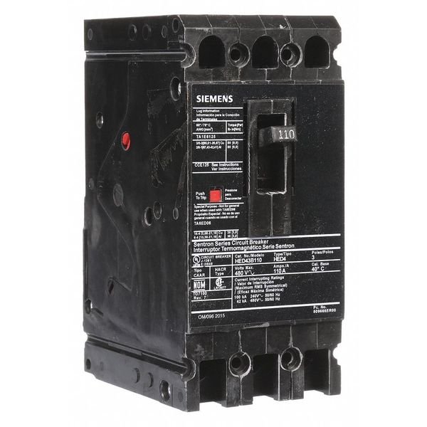 Molded Case Circuit Breaker, 110 A, 480V AC, 3 Pole, Lug In Panelboard Mounting Style, HED4 Series, SIEMENS, Mfr# HED43B110