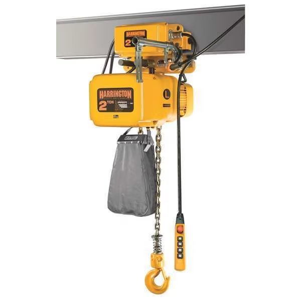 Electric Chain Hoist, 10,000 lb, 20 ft, Motorized Trolley, 230/460V, Yellow, Harrington, Mfr#: NERM050L-L-20