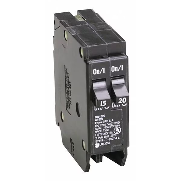 Circuit Breaker, 15/20 A, 120V AC, 1 Pole, Plug In Mounting Style, BD Series, EATON, Mfr# BD1520