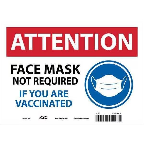 Face Mask Safety Sign, 10 in Height, 14 in Width, Vinyl, Rectangle, English, CONDOR, Mfr# 785M65