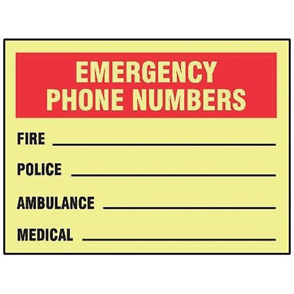 Emergency Phone Numbers Fire Dept; Police Dept.; Ambulance; Medical, 7in x 10in, MLFE538GF, Accuform, Mfr#: MLFE538GF