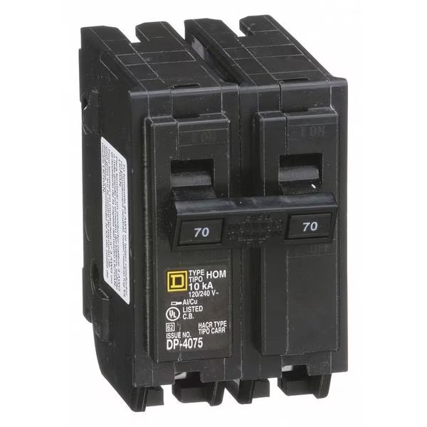 Miniature Circuit Breaker, 70 A, 120/240V AC, 2 Pole, Plug In Mounting Style, HOM Series, SQUARE D, Mfr# HOM270