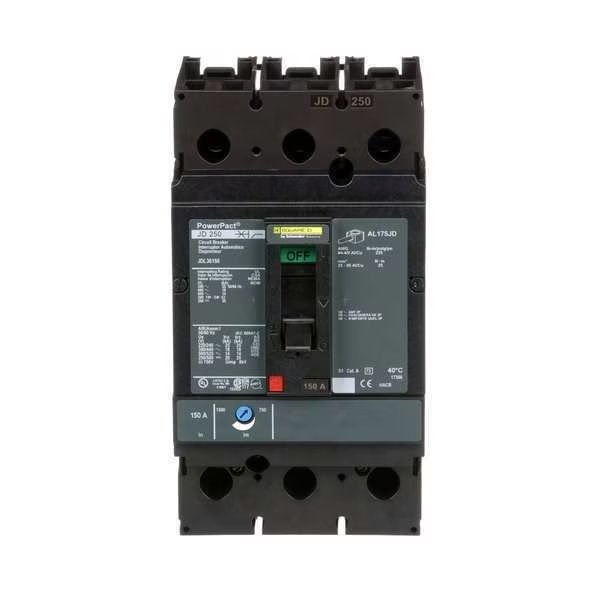 Molded Case Circuit Breaker, 150 A, 600V AC, 3 Pole, Free Standing Mounting Style, JD Series, SQUARE D, Mfr# JDL36150