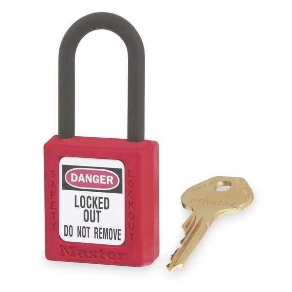 Lockout Padlock, Keyed Different, Thermoplastic, 1 1/2 in Shackle, Polypropylene, English, Red, MASTER LOCK, Mfr# 406RED