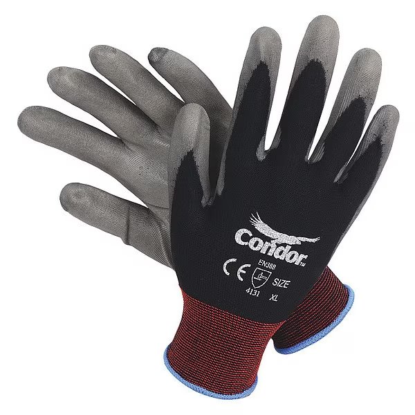 Polyurethane Coated Gloves, Palm Coverage, Black/Gray, XL, PR, CONDOR, Mfr# 19L489