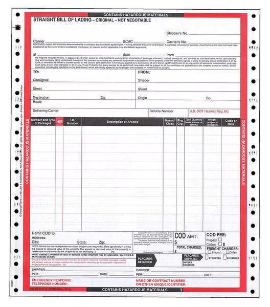 Hazmat Bill of Lading Forms, Hazmat, PK500, Jj Keller, Mfr#: 12460