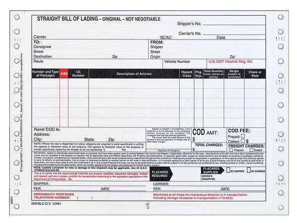 Bill of Lading Form, Reg Compliance, PK500, Jj Keller, Mfr#: 12461