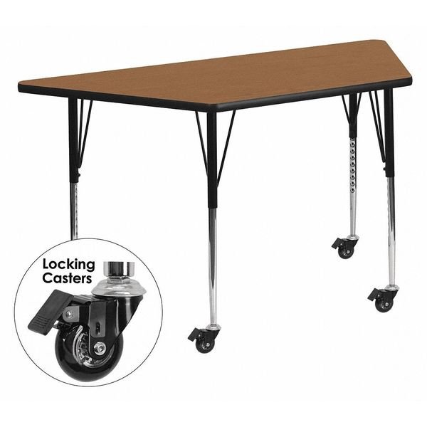 Trapezoid Activity Table, 29 X 57 X 30.37, Chrome, Laminate, Particleboard, Steel Top, Wood Grain, FLASH FURNITURE, Mfr# XU-A3060-TRAP-OAK-T-A-CAS-GG