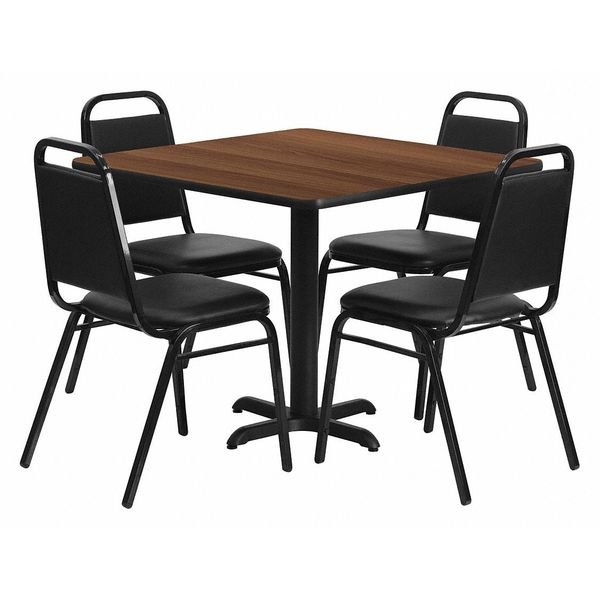Square Walnut Table, Bnqut Chair, Sqr, X-Base, 36