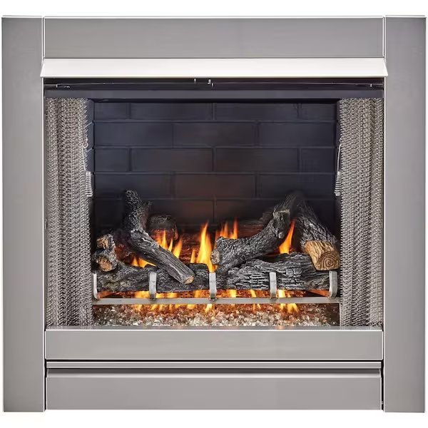 Outdoor Fireplace Insert With Concrete Log Set and Slate Gray Brick Fiber Liner, Duluth Forge, Mfr#: DF450SS-L-SG